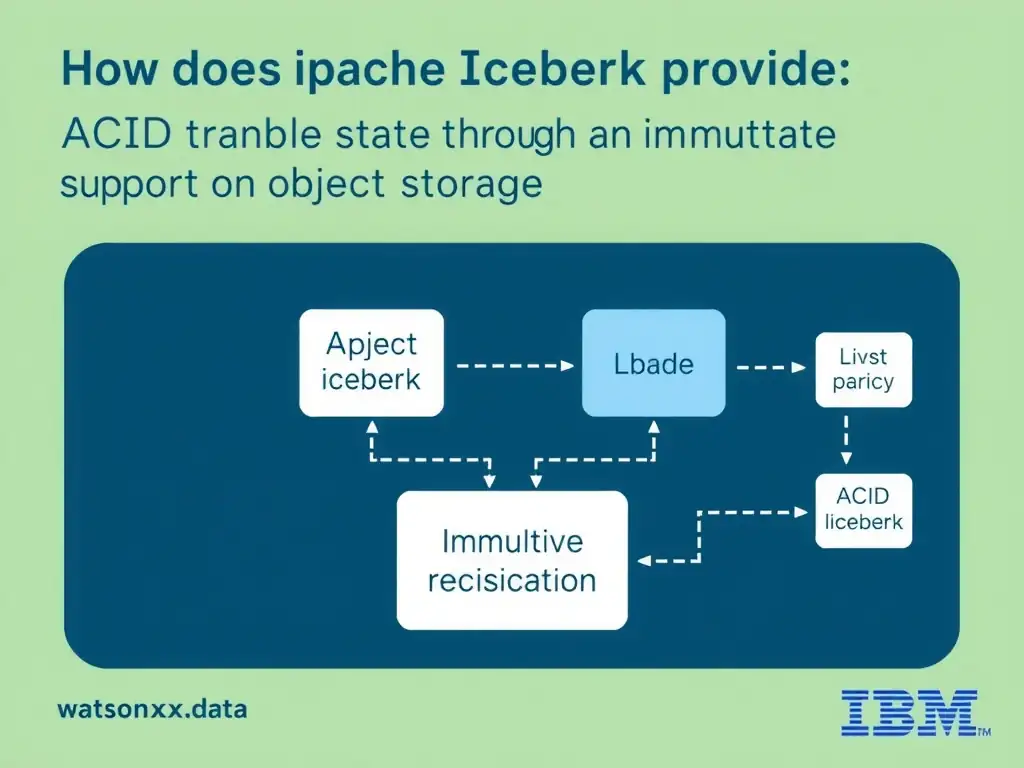 Educational infographic for IBM watsonx.data certification showing 'How does Apache Iceberg provide ACID transaction support on object storage'. Illustrate the concept of 'By tracking table state through an immutable metadata and ma' with a clean technical diagram, data flow arrows, and labeled components on a dark blue background with IBM styling.