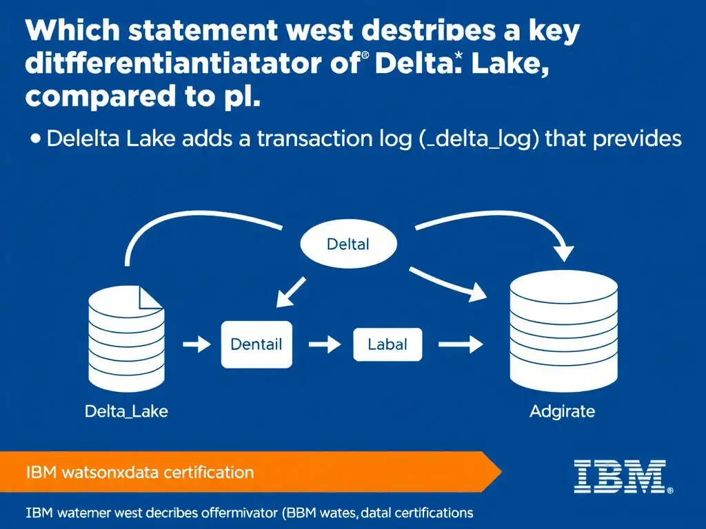 Educational infographic for IBM watsonx.data certification showing 'Which statement best describes a key differentiator of Delta Lake compared to pl'. Illustrate the concept of 'Delta Lake adds a transaction log (deltalog) that provides' with a clean technical diagram, data flow arrows, and labeled components on a dark blue background with IBM styling.