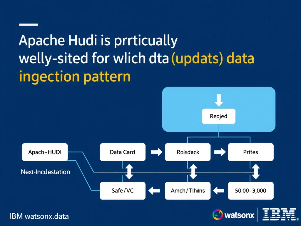 Educational infographic for IBM watsonx.data certification showing 'Apache Hudi is particularly well-suited for which data ingestion pattern'. Illustrate the concept of 'Near-real-time upserts (insert/update) and incremental data ' with a clean technical diagram, data flow arrows, and labeled components on a dark blue background with IBM styling.