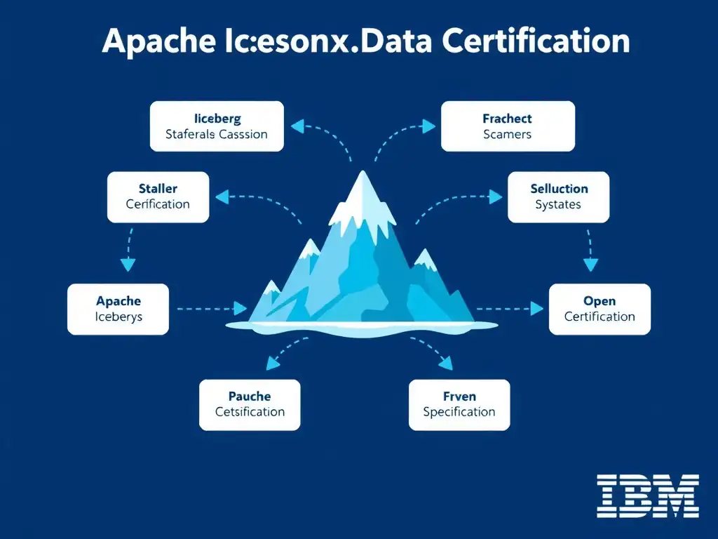 Educational infographic for IBM watsonx.data certification showing 'A team needs to query their data lake tables from multiple query engines includi'. Illustrate the concept of 'Apache Iceberg because of its open specification and wide mu' with a clean technical diagram, data flow arrows, and labeled components on a dark blue background with IBM styling.