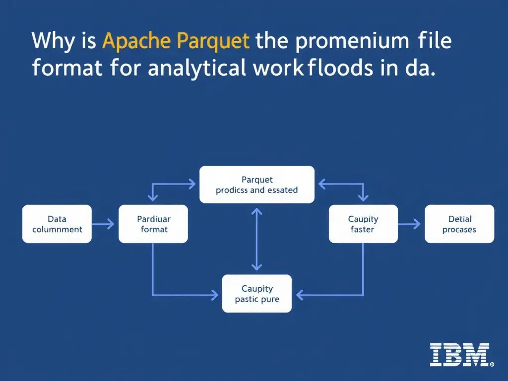 Educational infographic for IBM watsonx.data certification showing 'Why is Apache Parquet the predominant file format for analytical workloads in da'. Illustrate the concept of 'Parquet is a columnar format enabling efficient predicate pu' with a clean technical diagram, data flow arrows, and labeled components on a dark blue background with IBM styling.