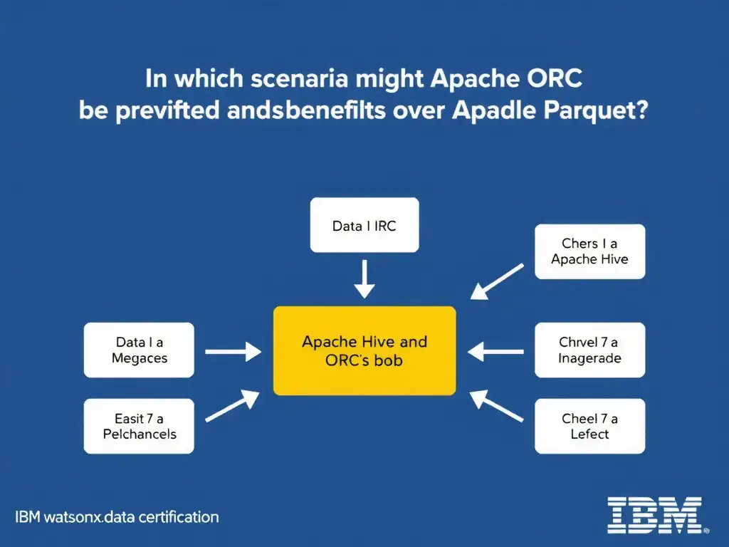 Educational infographic for IBM watsonx.data certification showing 'In which scenario might Apache ORC be preferred over Apache Parquet'. Illustrate the concept of 'When the workload uses Apache Hive and benefits from ORC's b' with a clean technical diagram, data flow arrows, and labeled components on a dark blue background with IBM styling.