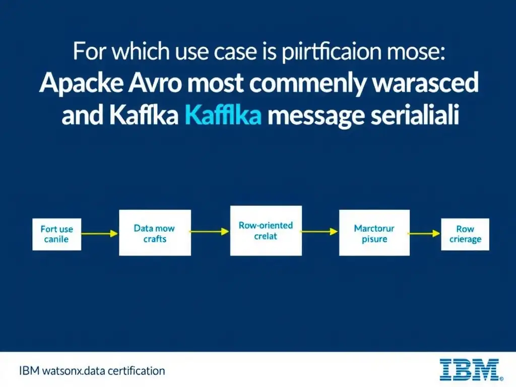 Educational infographic for IBM watsonx.data certification showing 'For which use case is Apache Avro most commonly chosen over Parquet'. Illustrate the concept of 'Row-oriented write-heavy workloads and Kafka message seriali' with a clean technical diagram, data flow arrows, and labeled components on a dark blue background with IBM styling.