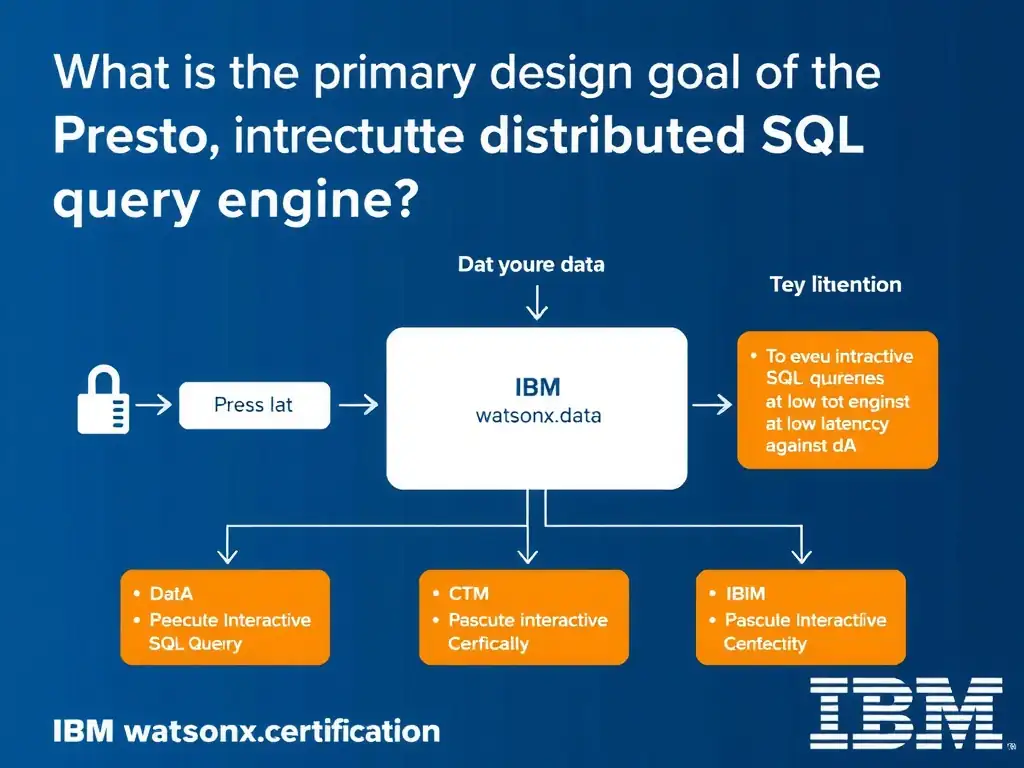 Educational infographic for IBM watsonx.data certification showing 'What is the primary design goal of the Presto distributed SQL query engine'. Illustrate the concept of 'To execute interactive SQL queries at low latency against da' with a clean technical diagram, data flow arrows, and labeled components on a dark blue background with IBM styling.