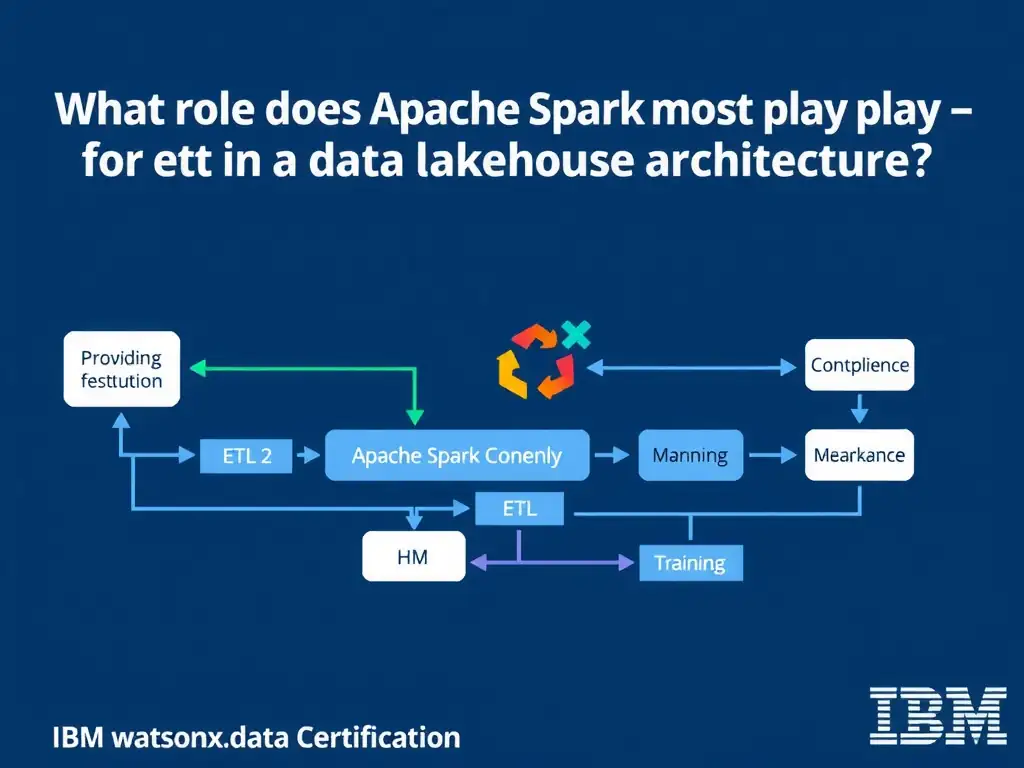 Educational infographic for IBM watsonx.data certification showing 'What role does Apache Spark most commonly play in a data lakehouse architecture'. Illustrate the concept of 'Providing distributed data processing for ETL; ML training; ' with a clean technical diagram, data flow arrows, and labeled components on a dark blue background with IBM styling.