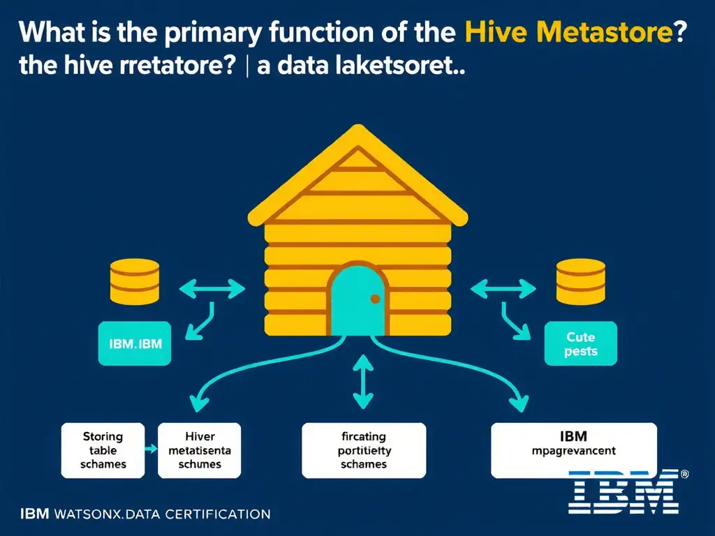 Educational infographic for IBM watsonx.data certification showing 'What is the primary function of the Hive Metastore in a data lakehouse'. Illustrate the concept of 'Storing table metadata including schemas; partition informat' with a clean technical diagram, data flow arrows, and labeled components on a dark blue background with IBM styling.