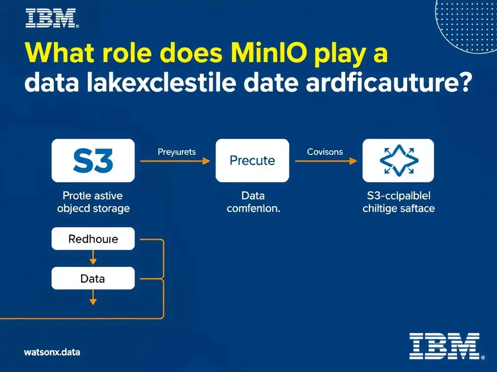 Educational infographic for IBM watsonx.data certification showing 'What role does MinIO play in a data lakehouse architecture'. Illustrate the concept of 'It acts as an S3-compatible object storage system for on-pre' with a clean technical diagram, data flow arrows, and labeled components on a dark blue background with IBM styling.
