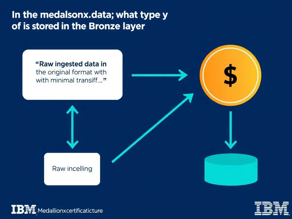 Educational infographic for IBM watsonx.data certification showing 'In the medallion architecture; what type of data is stored in the Bronze layer'. Illustrate the concept of 'Raw ingested data in its original format with minimal transf' with a clean technical diagram, data flow arrows, and labeled components on a dark blue background with IBM styling.