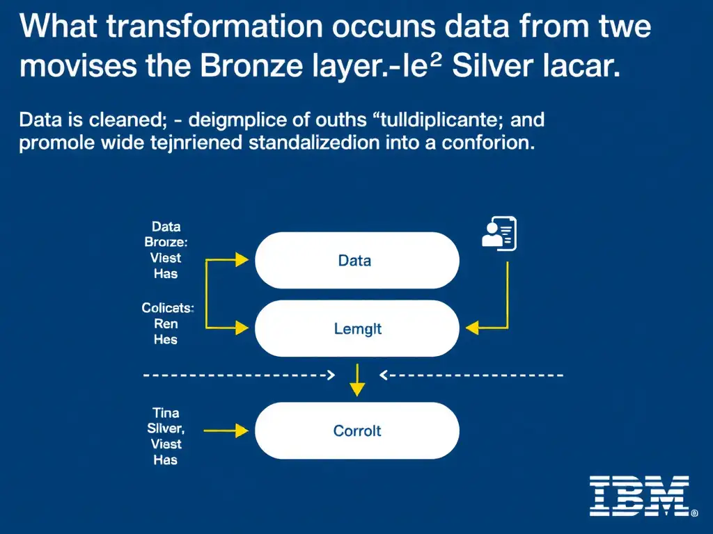 Educational infographic for IBM watsonx.data certification showing 'What transformation occurs when data moves from the Bronze layer to the Silver l'. Illustrate the concept of 'Data is cleaned; deduplicated; and standardized into a confo' with a clean technical diagram, data flow arrows, and labeled components on a dark blue background with IBM styling.