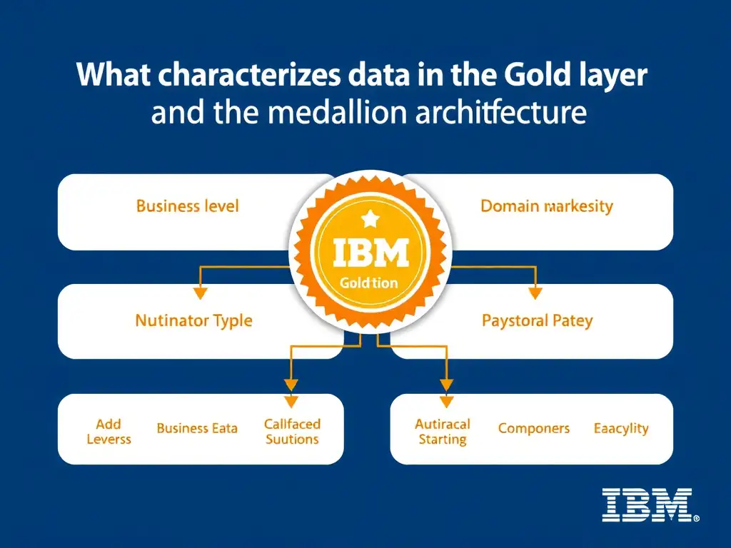 Educational infographic for IBM watsonx.data certification showing 'What characterizes data in the Gold layer of the medallion architecture'. Illustrate the concept of 'Business-level aggregations and domain-specific data models ' with a clean technical diagram, data flow arrows, and labeled components on a dark blue background with IBM styling.