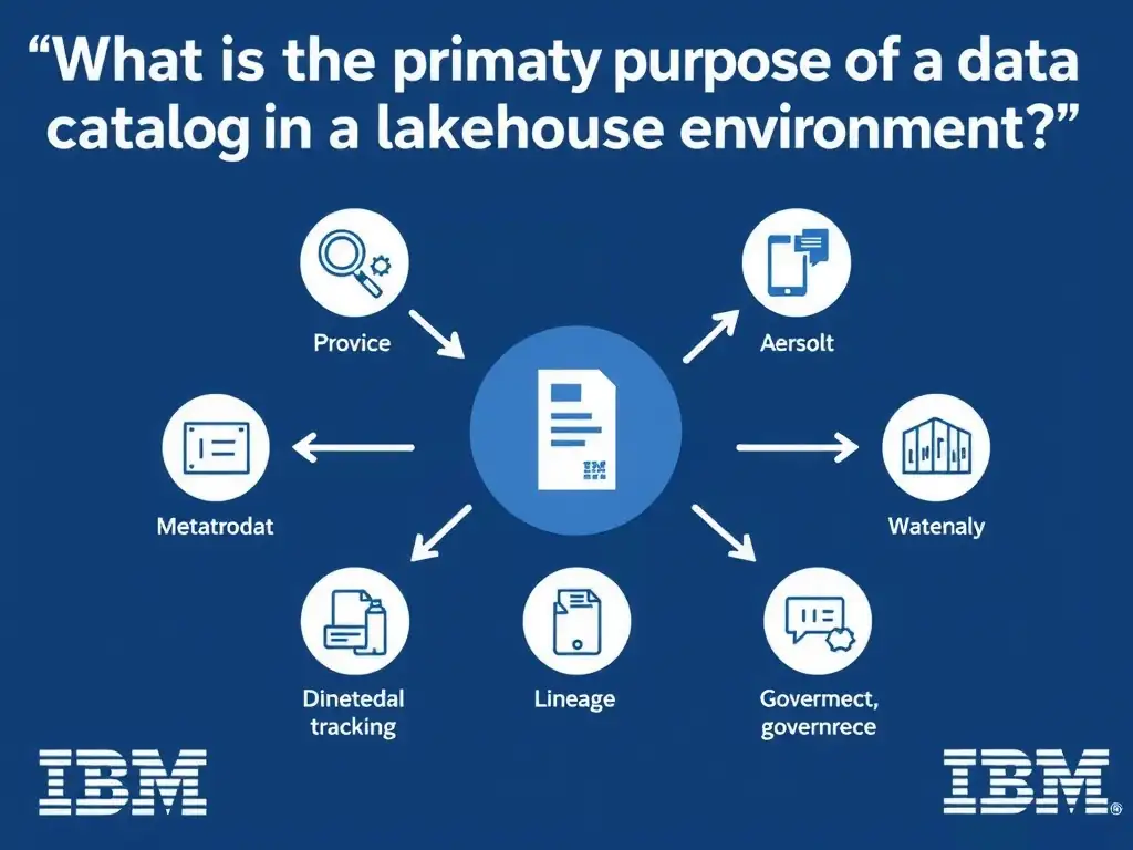 Educational infographic for IBM watsonx.data certification showing 'What is the primary purpose of a data catalog in a lakehouse environment'. Illustrate the concept of 'To provide metadata discovery; lineage tracking; and governe' with a clean technical diagram, data flow arrows, and labeled components on a dark blue background with IBM styling.