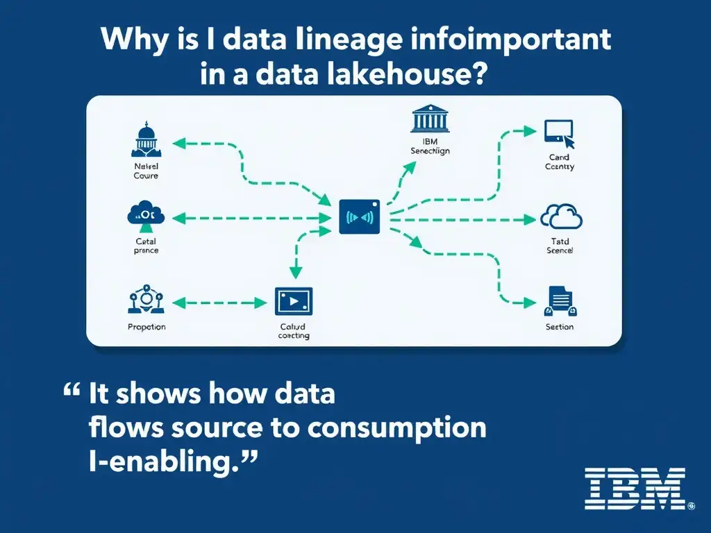 Educational infographic for IBM watsonx.data certification showing 'Why is data lineage tracking important in a data lakehouse'. Illustrate the concept of 'It shows how data flows from source to consumption enabling ' with a clean technical diagram, data flow arrows, and labeled components on a dark blue background with IBM styling.