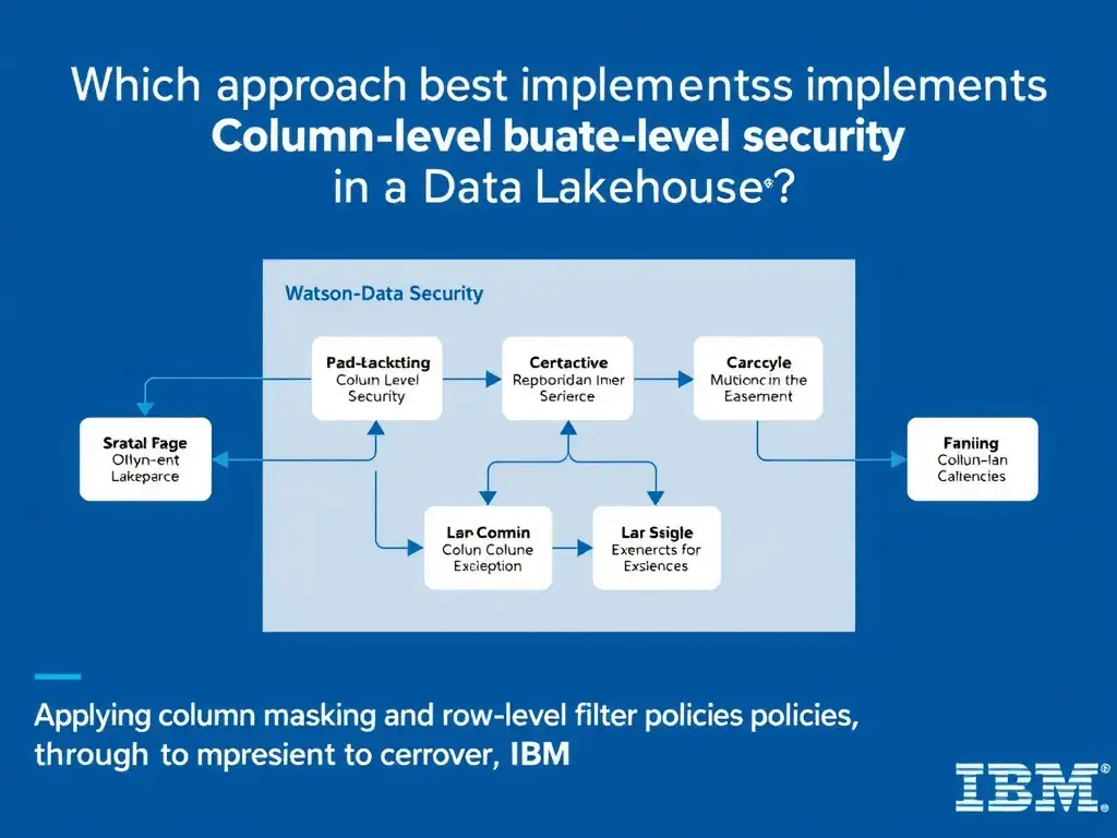 Educational infographic for IBM watsonx.data certification showing 'Which approach best implements column-level security in a data lakehouse'. Illustrate the concept of 'Applying column masking and row-level filter policies throug' with a clean technical diagram, data flow arrows, and labeled components on a dark blue background with IBM styling.