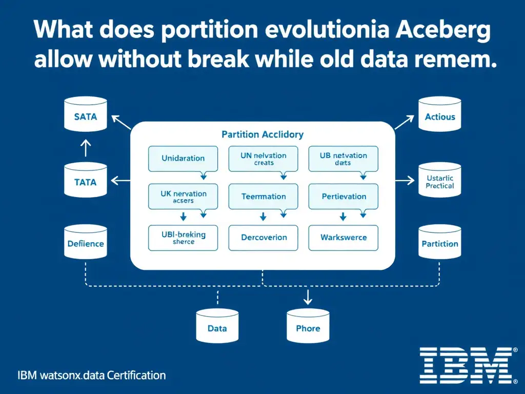 Educational infographic for IBM watsonx.data certification showing 'What does partition evolution in Apache Iceberg allow without breaking existing '. Illustrate the concept of 'Updating the partition scheme of a table while old data rema' with a clean technical diagram, data flow arrows, and labeled components on a dark blue background with IBM styling.