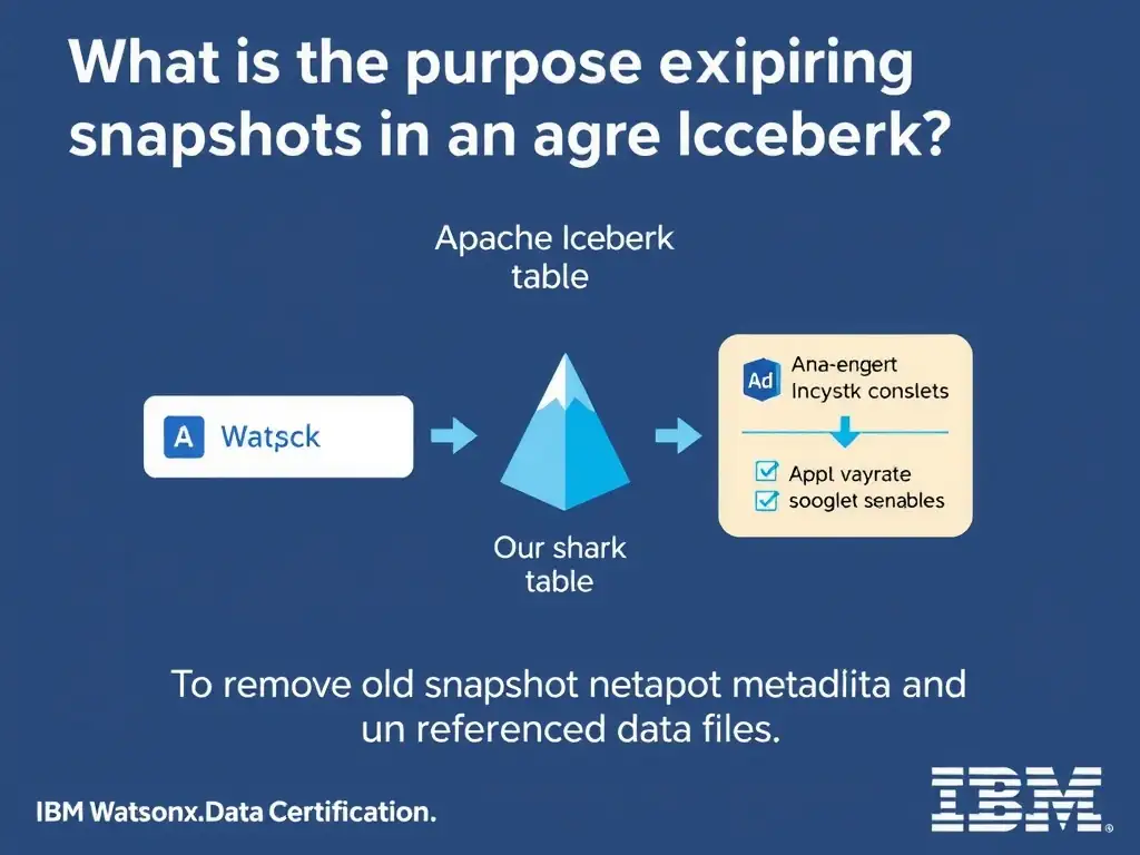 Educational infographic for IBM watsonx.data certification showing 'What is the purpose of expiring snapshots in an Apache Iceberg table'. Illustrate the concept of 'To remove old snapshot metadata and unreferenced data files ' with a clean technical diagram, data flow arrows, and labeled components on a dark blue background with IBM styling.