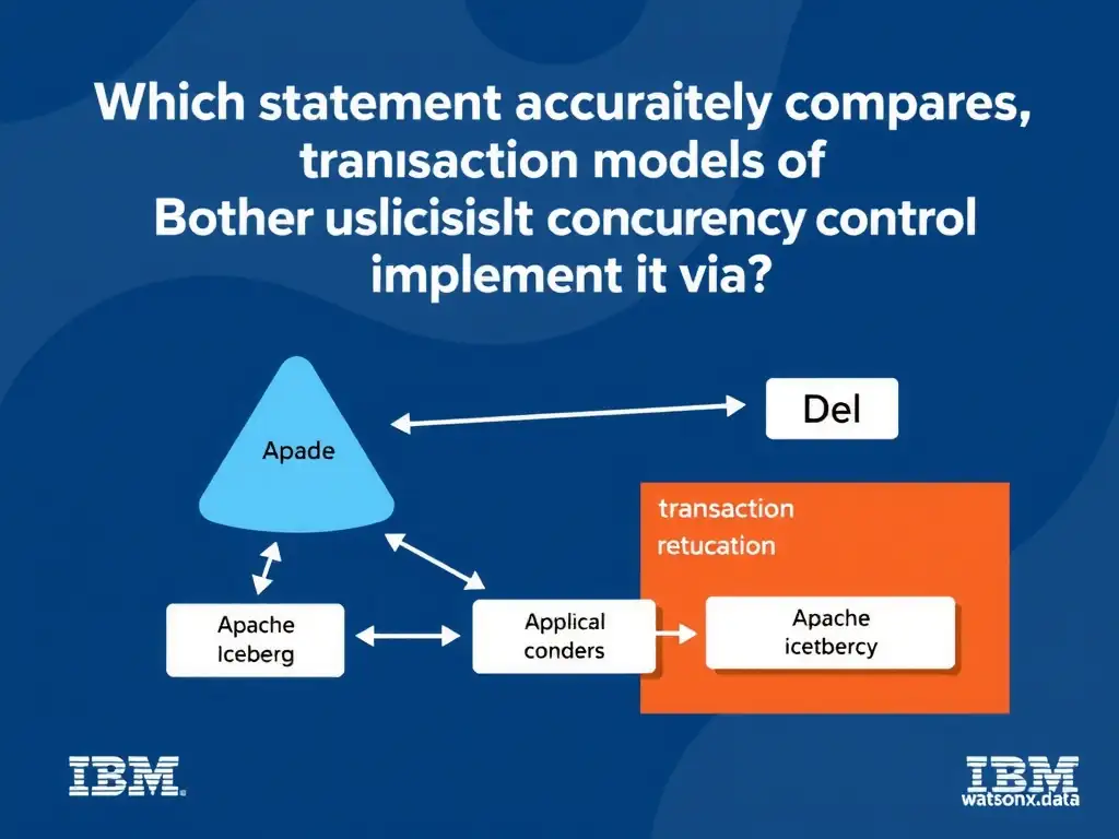 Educational infographic for IBM watsonx.data certification showing 'Which statement accurately compares transaction models of Apache Iceberg and Del'. Illustrate the concept of 'Both use optimistic concurrency control but implement it via' with a clean technical diagram, data flow arrows, and labeled components on a dark blue background with IBM styling.