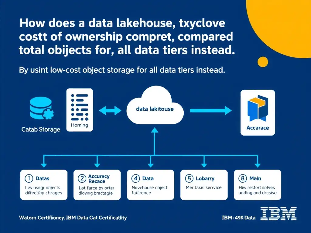 Educational infographic for IBM watsonx.data certification showing 'How does a data lakehouse typically reduce total cost of ownership compared to a'. Illustrate the concept of 'By using low-cost object storage for all data tiers instead ' with a clean technical diagram, data flow arrows, and labeled components on a dark blue background with IBM styling.