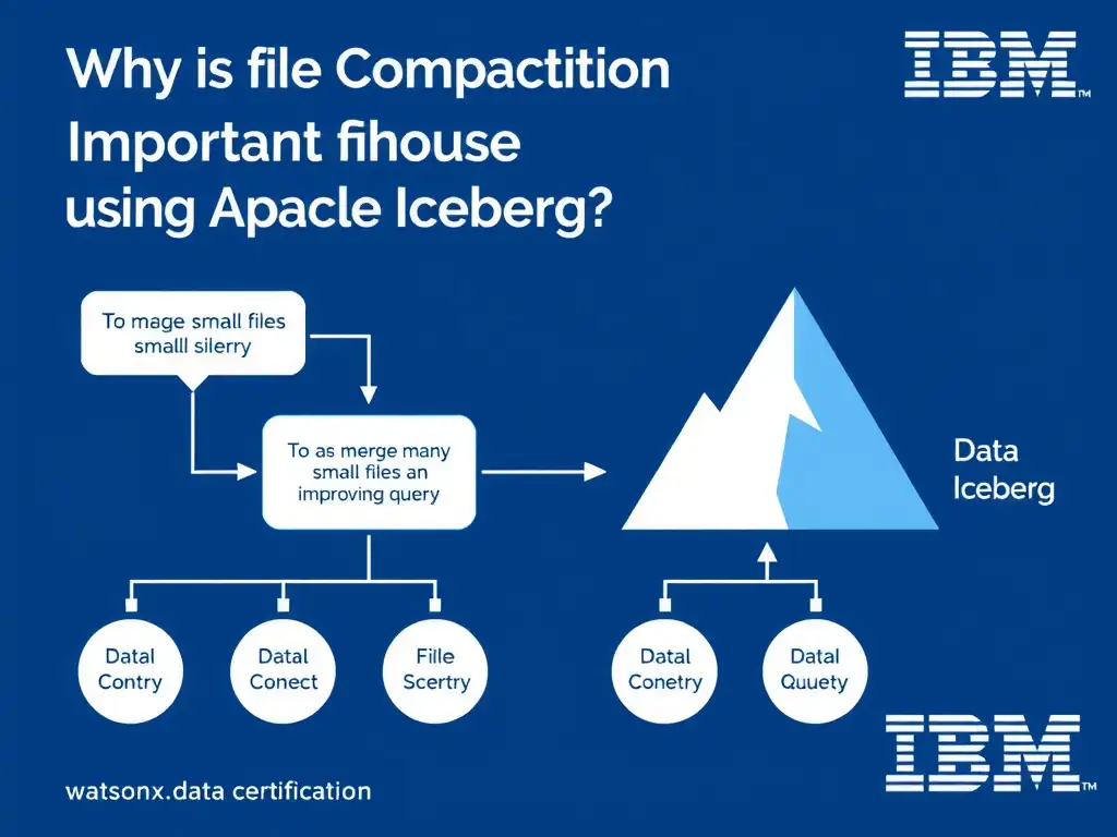 Educational infographic for IBM watsonx.data certification showing 'Why is file compaction important in a data lakehouse using Apache Iceberg'. Illustrate the concept of 'To merge many small files into larger files improving query ' with a clean technical diagram, data flow arrows, and labeled components on a dark blue background with IBM styling.