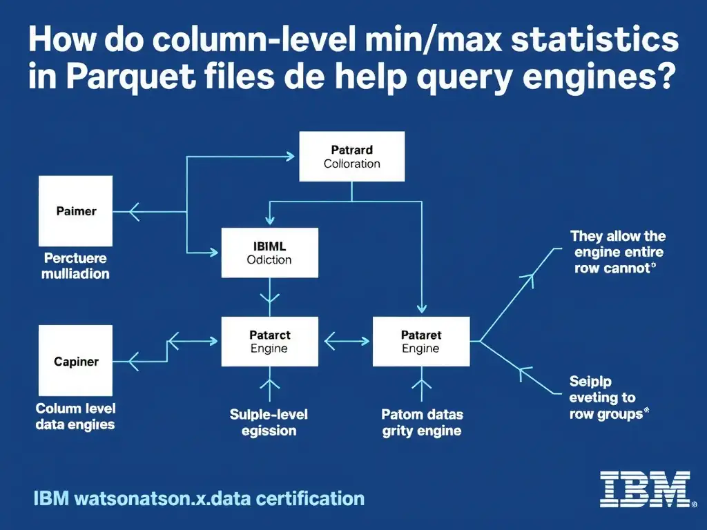 Educational infographic for IBM watsonx.data certification showing 'How do column-level min/max statistics in Parquet files help query engines'. Illustrate the concept of 'They allow the engine to skip entire row groups that cannot ' with a clean technical diagram, data flow arrows, and labeled components on a dark blue background with IBM styling.