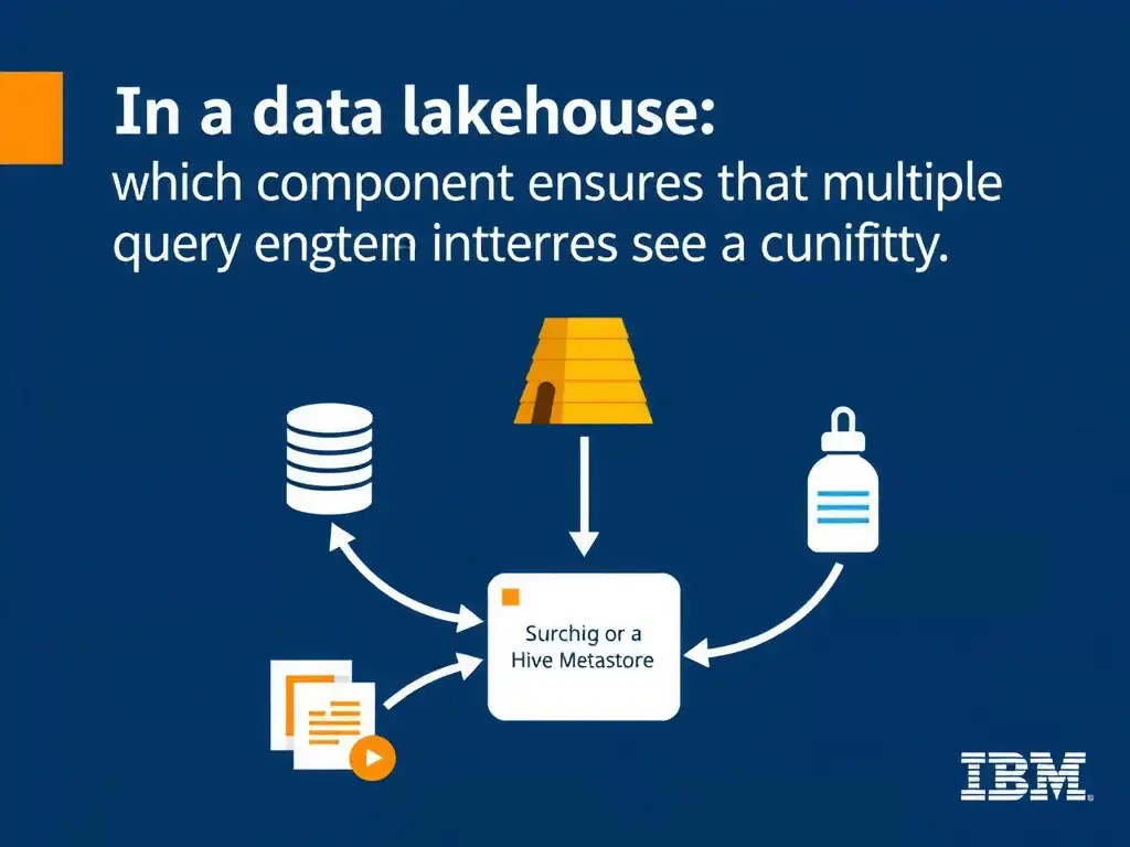 Educational infographic for IBM watsonx.data certification showing 'In a data lakehouse; which component ensures that multiple query engines see a c'. Illustrate the concept of 'A shared metadata catalog (such as Hive Metastore or a unifi' with a clean technical diagram, data flow arrows, and labeled components on a dark blue background with IBM styling.