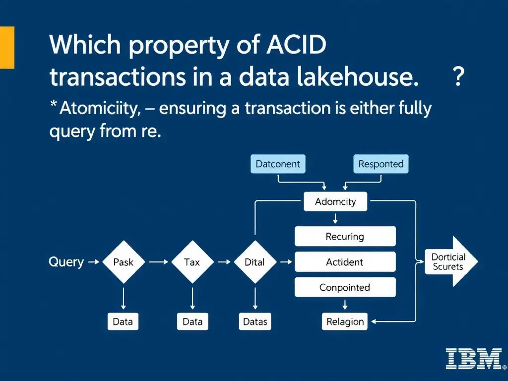 Educational infographic for IBM watsonx.data certification showing 'Which property of ACID transactions in a data lakehouse prevents a query from re'. Illustrate the concept of 'Atomicity — ensuring a transaction is either fully committed' with a clean technical diagram, data flow arrows, and labeled components on a dark blue background with IBM styling.