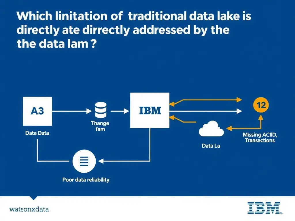 Educational infographic for IBM watsonx.data certification showing 'Which limitation of a traditional data lake is directly addressed by the data la'. Illustrate the concept of 'Poor data reliability due to missing ACID transactions and s' with a clean technical diagram, data flow arrows, and labeled components on a dark blue background with IBM styling.