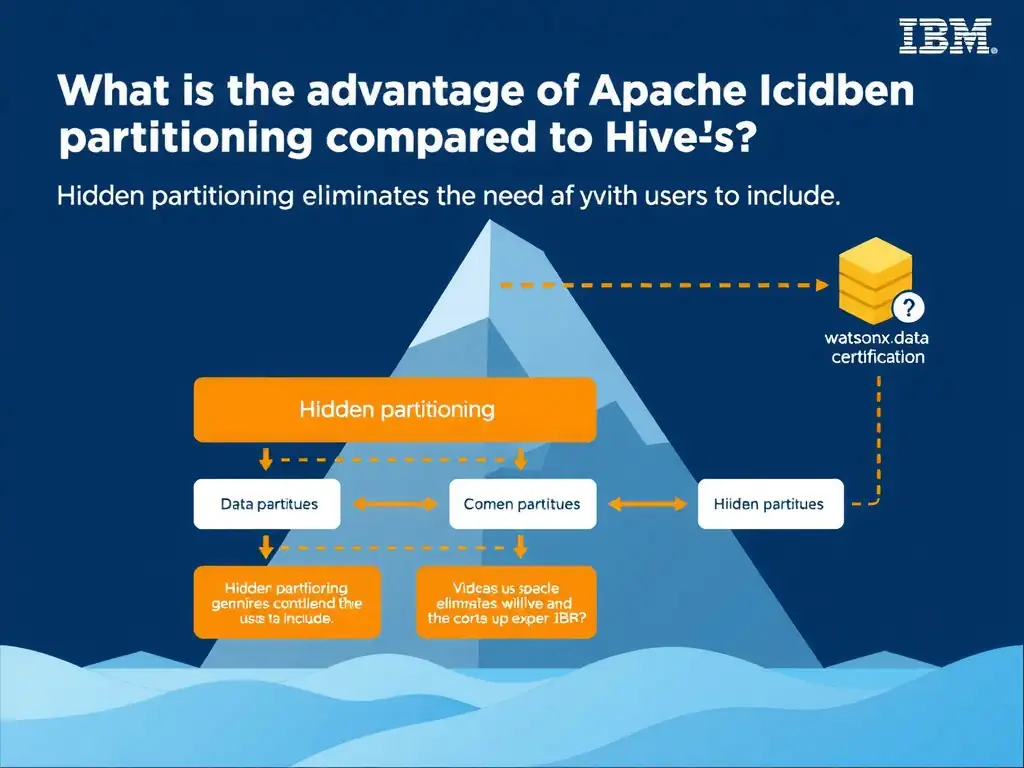 Educational infographic for IBM watsonx.data certification showing 'What is the advantage of Apache Iceberg's hidden partitioning compared to Hive-s'. Illustrate the concept of 'Hidden partitioning eliminates the need for users to include' with a clean technical diagram, data flow arrows, and labeled components on a dark blue background with IBM styling.