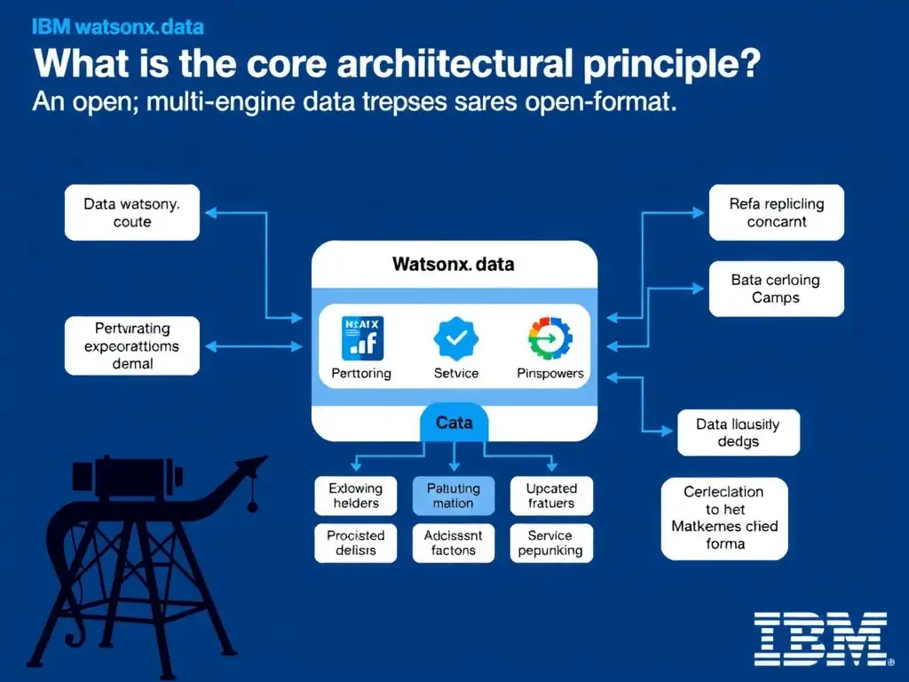 Educational infographic for IBM watsonx.data certification showing 'What is the core architectural principle of IBM watsonx.data'. Illustrate the concept of 'An open; multi-engine data lakehouse that shares open-format' with a clean technical diagram, data flow arrows, and labeled components on a dark blue background with IBM styling.