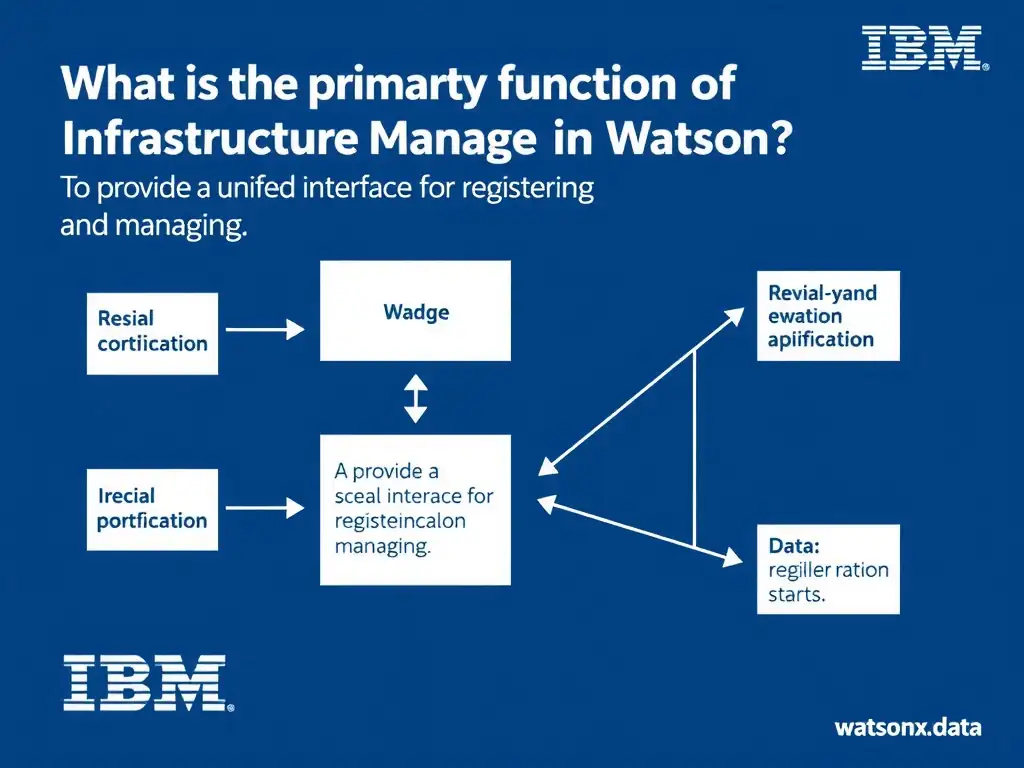 Educational infographic for IBM watsonx.data certification showing 'What is the primary function of Infrastructure Manager in watsonx.data'. Illustrate the concept of 'To provide a unified interface for registering and managing ' with a clean technical diagram, data flow arrows, and labeled components on a dark blue background with IBM styling.
