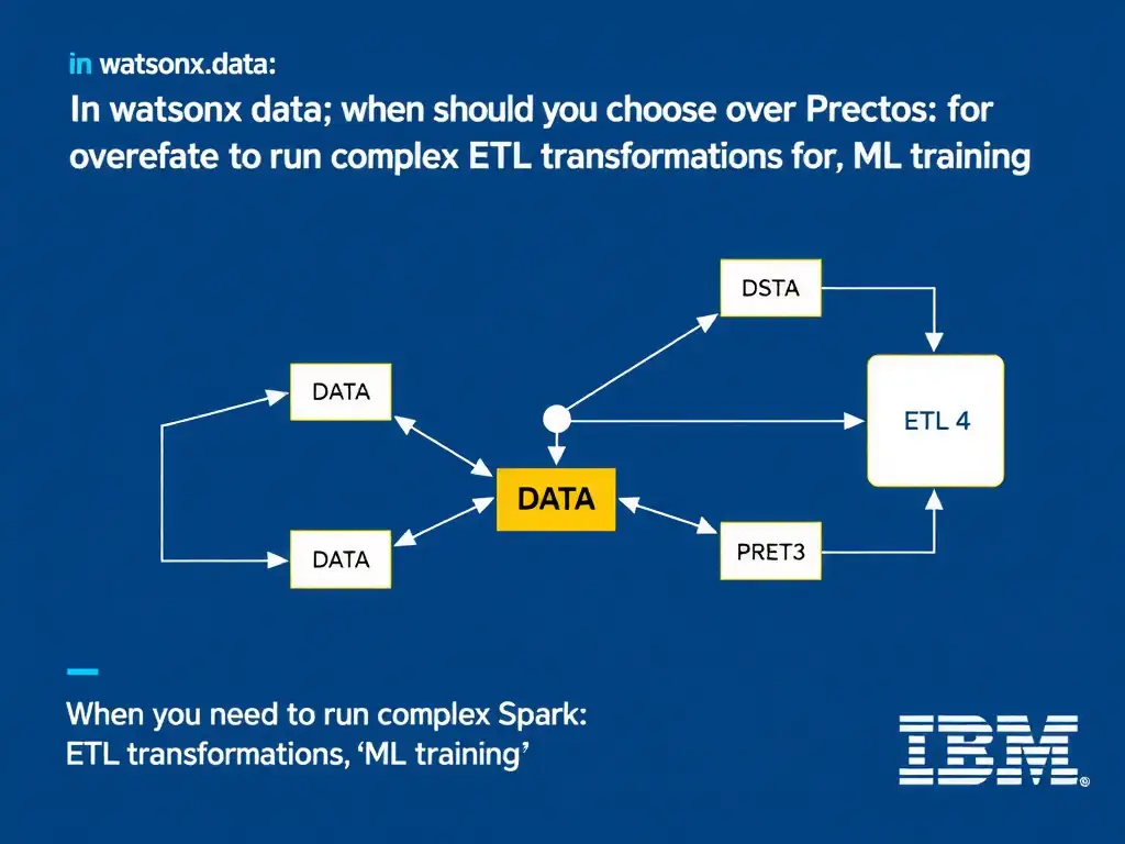 Educational infographic for IBM watsonx.data certification showing 'In watsonx.data; when should you choose Spark over Presto for a workload'. Illustrate the concept of 'When you need to run complex ETL transformations; ML trainin' with a clean technical diagram, data flow arrows, and labeled components on a dark blue background with IBM styling.