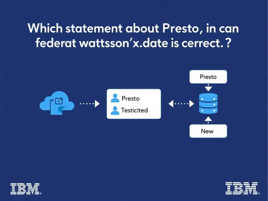 Educational infographic for IBM watsonx.data certification showing 'Which statement about Presto in IBM watsonx.data is correct'. Illustrate the concept of 'Presto in watsonx.data can federate queries across multiple ' with a clean technical diagram, data flow arrows, and labeled components on a dark blue background with IBM styling.