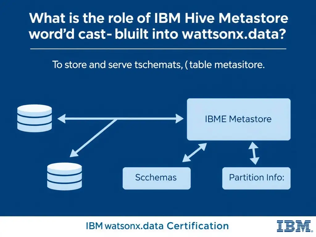 Educational infographic for IBM watsonx.data certification showing 'What is the role of the IBM Hive Metastore built into watsonx.data'. Illustrate the concept of 'To store and serve table metadata (schemas; partition info; ' with a clean technical diagram, data flow arrows, and labeled components on a dark blue background with IBM styling.