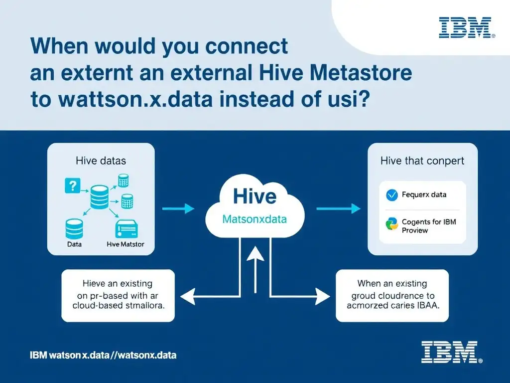 Educational infographic for IBM watsonx.data certification showing 'When would you connect an external Hive Metastore to watsonx.data instead of usi'. Illustrate the concept of 'When an existing on-premises or cloud-based Hive Metastore a' with a clean technical diagram, data flow arrows, and labeled components on a dark blue background with IBM styling.