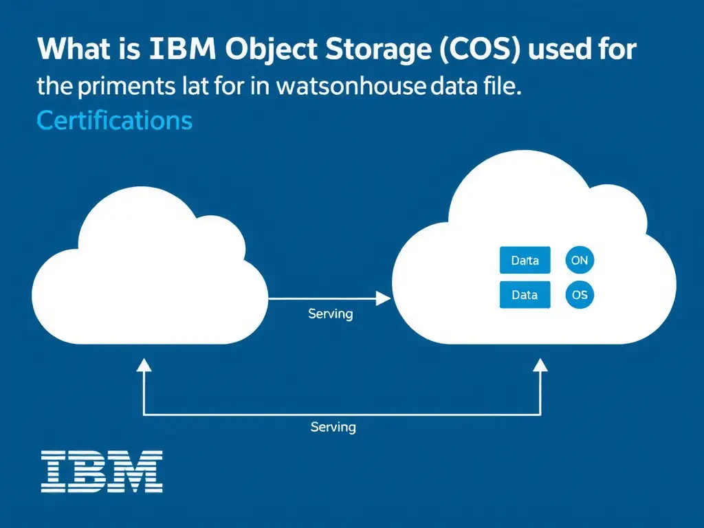 Educational infographic for IBM watsonx.data certification showing 'What is IBM Cloud Object Storage (COS) used for in a watsonx.data deployment'. Illustrate the concept of 'Serving as the primary storage layer for lakehouse data file' with a clean technical diagram, data flow arrows, and labeled components on a dark blue background with IBM styling.