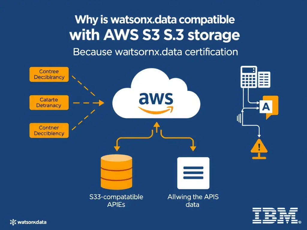 Educational infographic for IBM watsonx.data certification showing 'Why is watsonx.data compatible with AWS S3 storage'. Illustrate the concept of 'Because watsonx.data uses S3-compatible APIs; allowing it to' with a clean technical diagram, data flow arrows, and labeled components on a dark blue background with IBM styling.
