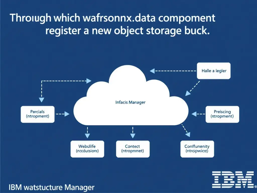 Educational infographic for IBM watsonx.data certification showing 'Through which watsonx.data component would you register a new object storage buc'. Illustrate the concept of 'Infrastructure Manager' with a clean technical diagram, data flow arrows, and labeled components on a dark blue background with IBM styling.