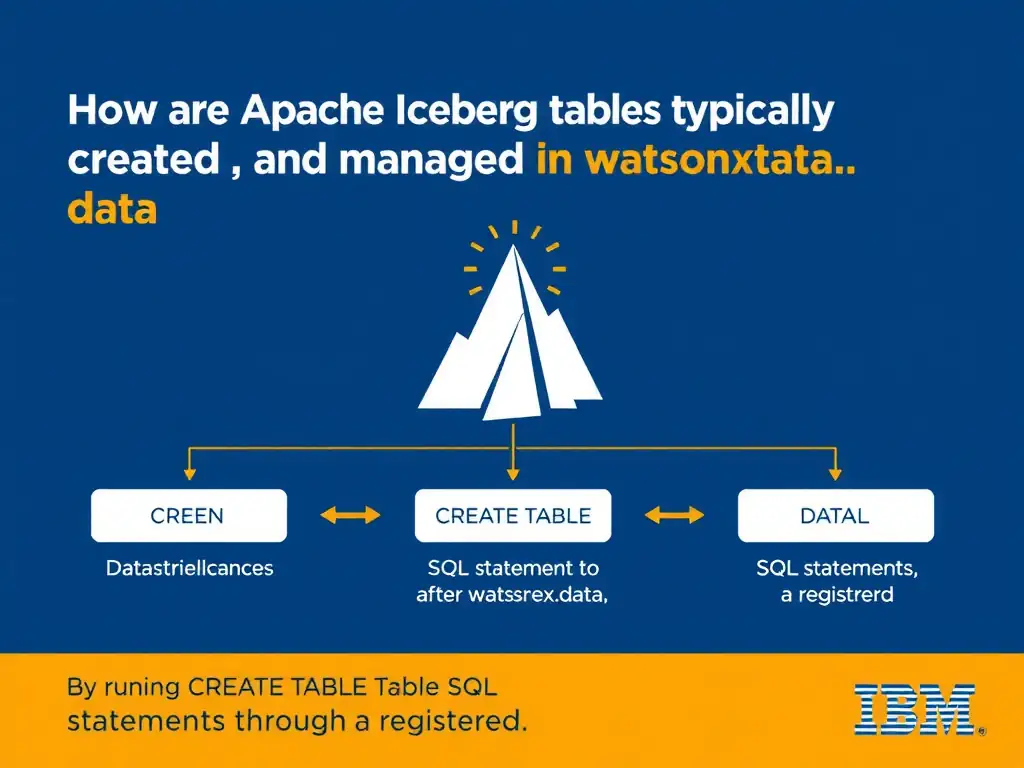 Educational infographic for IBM watsonx.data certification showing 'How are Apache Iceberg tables typically created and managed in watsonx.data'. Illustrate the concept of 'By running CREATE TABLE SQL statements through a registered ' with a clean technical diagram, data flow arrows, and labeled components on a dark blue background with IBM styling.