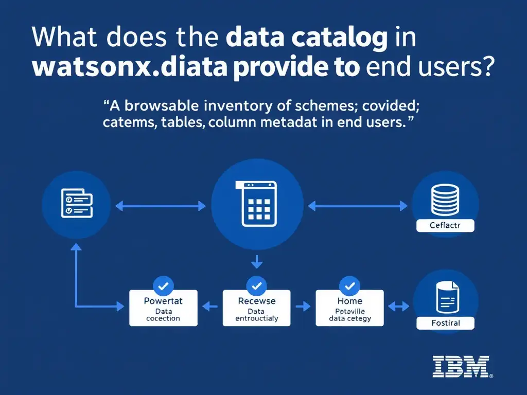 Educational infographic for IBM watsonx.data certification showing 'What does the data catalog in watsonx.data provide to end users'. Illustrate the concept of 'A browsable inventory of schemas; tables; and column metadat' with a clean technical diagram, data flow arrows, and labeled components on a dark blue background with IBM styling.