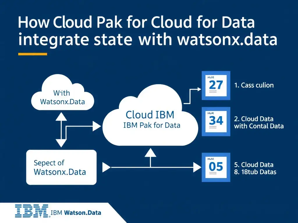 Educational infographic for IBM watsonx.data certification showing 'How does IBM Cloud Pak for Data integrate with watsonx.data'. Illustrate the concept of 'Cloud Pak for Data can connect to watsonx.data as a data sou' with a clean technical diagram, data flow arrows, and labeled components on a dark blue background with IBM styling.