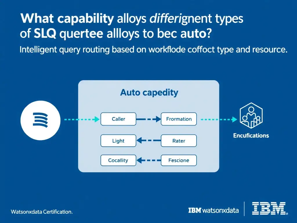 Educational infographic for IBM watsonx.data certification showing 'What capability in watsonx.data allows different types of SQL queries to be auto'. Illustrate the concept of 'Intelligent query routing based on workload type and resourc' with a clean technical diagram, data flow arrows, and labeled components on a dark blue background with IBM styling.
