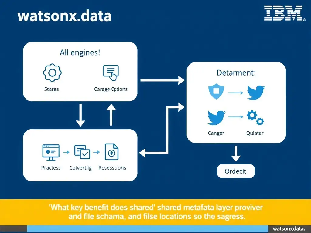 Educational infographic for IBM watsonx.data certification showing 'What key benefit does watsonx.data's shared metadata layer provide when multiple'. Illustrate the concept of 'All engines see the same schema and file locations so the sa' with a clean technical diagram, data flow arrows, and labeled components on a dark blue background with IBM styling.