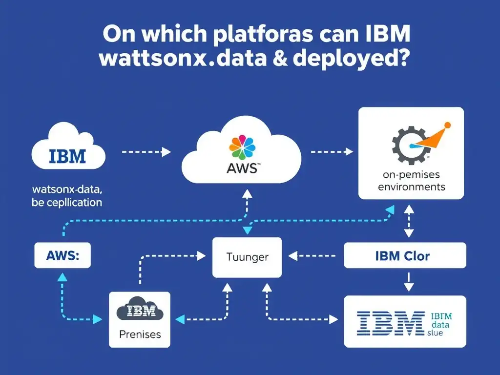 Educational infographic for IBM watsonx.data certification showing 'On which platforms can IBM watsonx.data be deployed'. Illustrate the concept of 'IBM Cloud; AWS; and on-premises environments through IBM Clo' with a clean technical diagram, data flow arrows, and labeled components on a dark blue background with IBM styling.