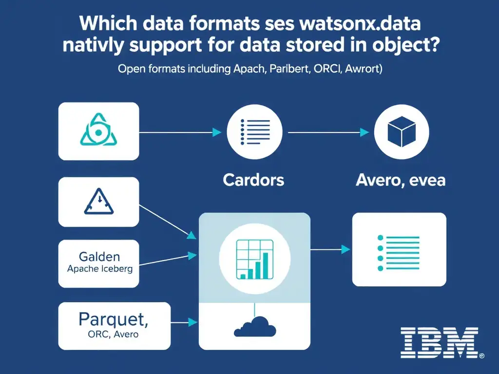 Educational infographic for IBM watsonx.data certification showing 'Which data formats does watsonx.data natively support for data stored in object '. Illustrate the concept of 'Open formats including Apache Iceberg; Parquet; ORC; Avro; a' with a clean technical diagram, data flow arrows, and labeled components on a dark blue background with IBM styling.