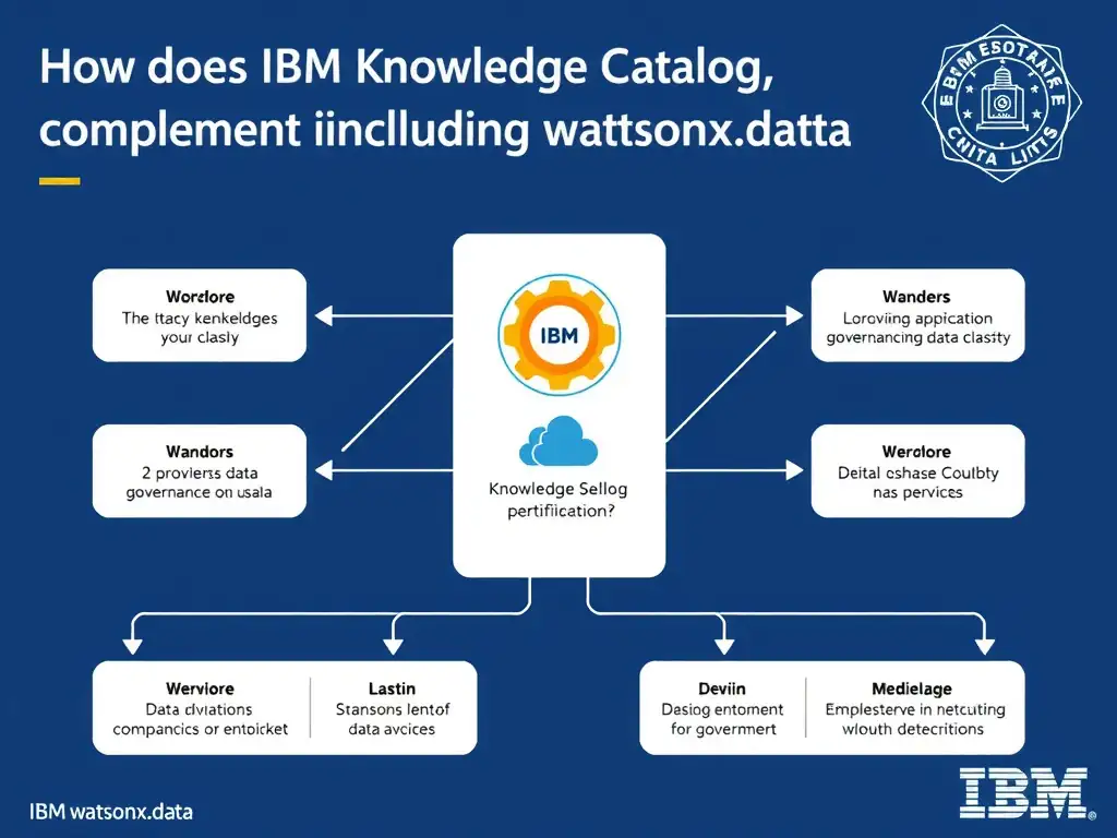 Educational infographic for IBM watsonx.data certification showing 'How does IBM Knowledge Catalog complement watsonx.data'. Illustrate the concept of 'It provides enterprise data governance including data classi' with a clean technical diagram, data flow arrows, and labeled components on a dark blue background with IBM styling.