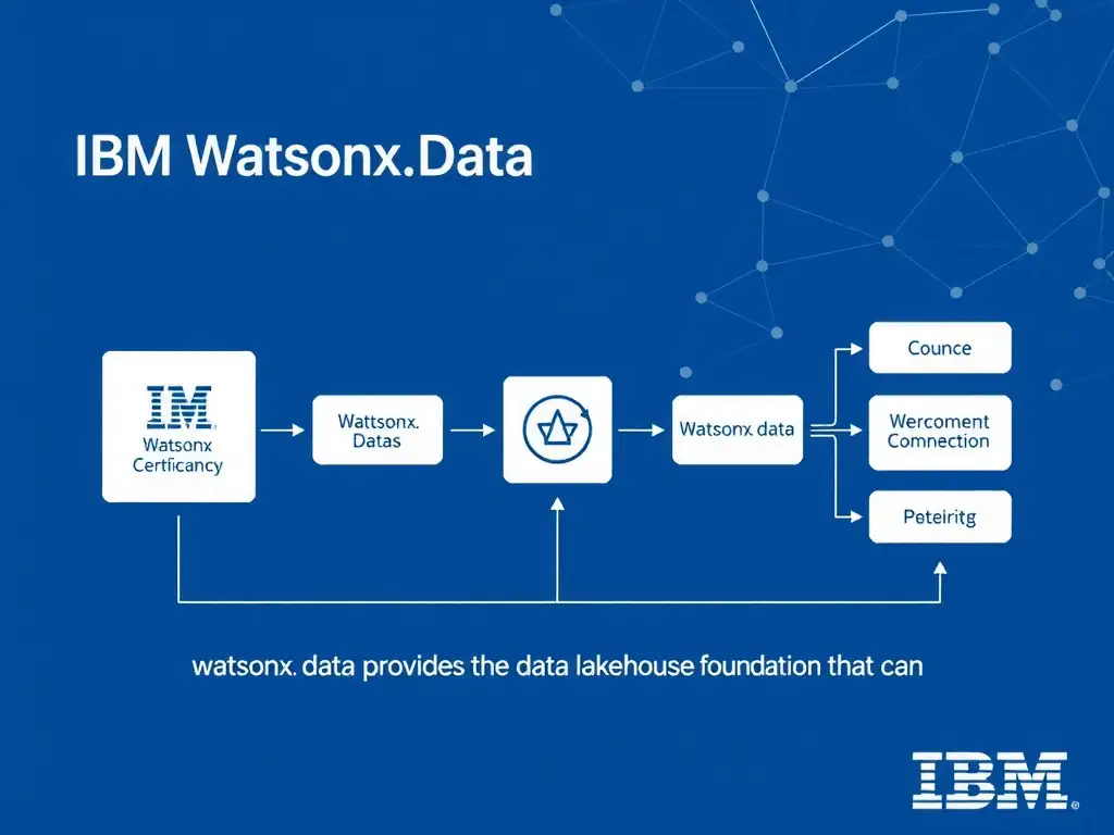Educational infographic for IBM watsonx.data certification showing 'What is the relationship between IBM watsonx.data and IBM watsonx.ai'. Illustrate the concept of 'watsonx.data provides the data lakehouse foundation that can' with a clean technical diagram, data flow arrows, and labeled components on a dark blue background with IBM styling.