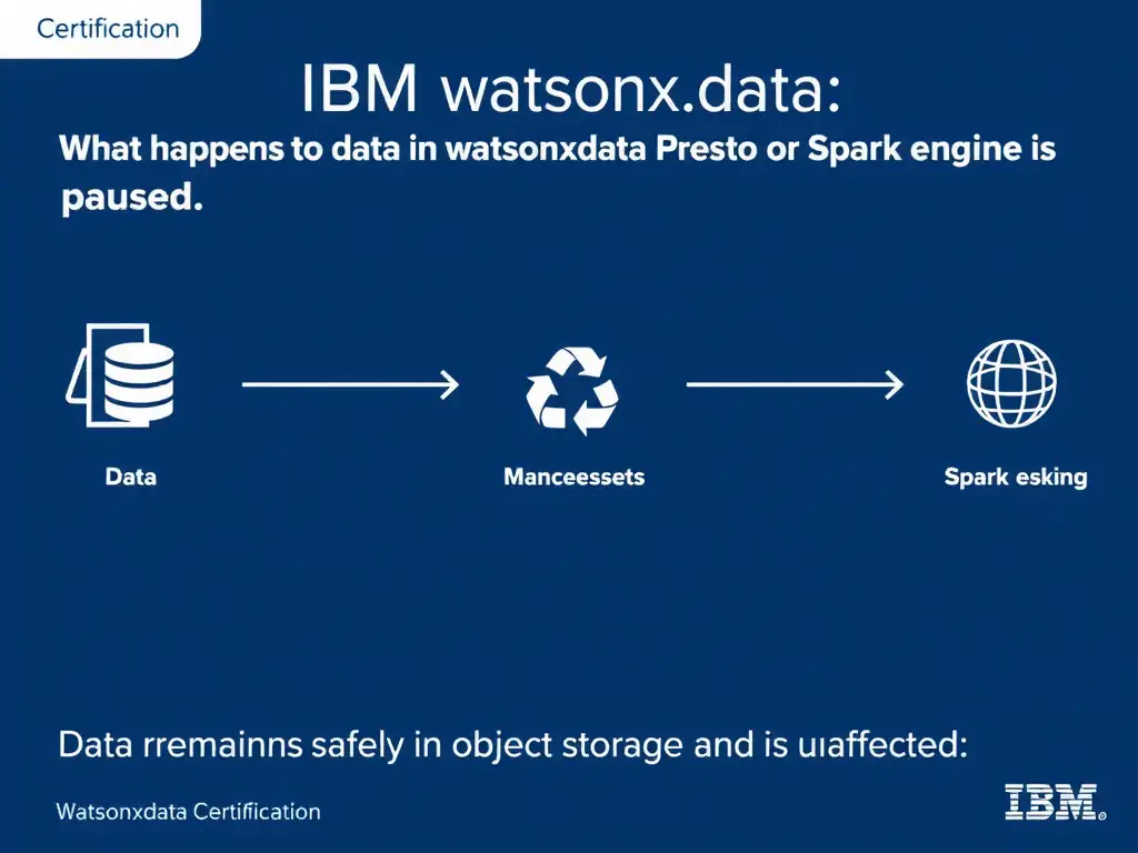 Educational infographic for IBM watsonx.data certification showing 'What happens to data in watsonx.data when a Presto or Spark engine is paused'. Illustrate the concept of 'Data remains safely in object storage and is unaffected; onl' with a clean technical diagram, data flow arrows, and labeled components on a dark blue background with IBM styling.