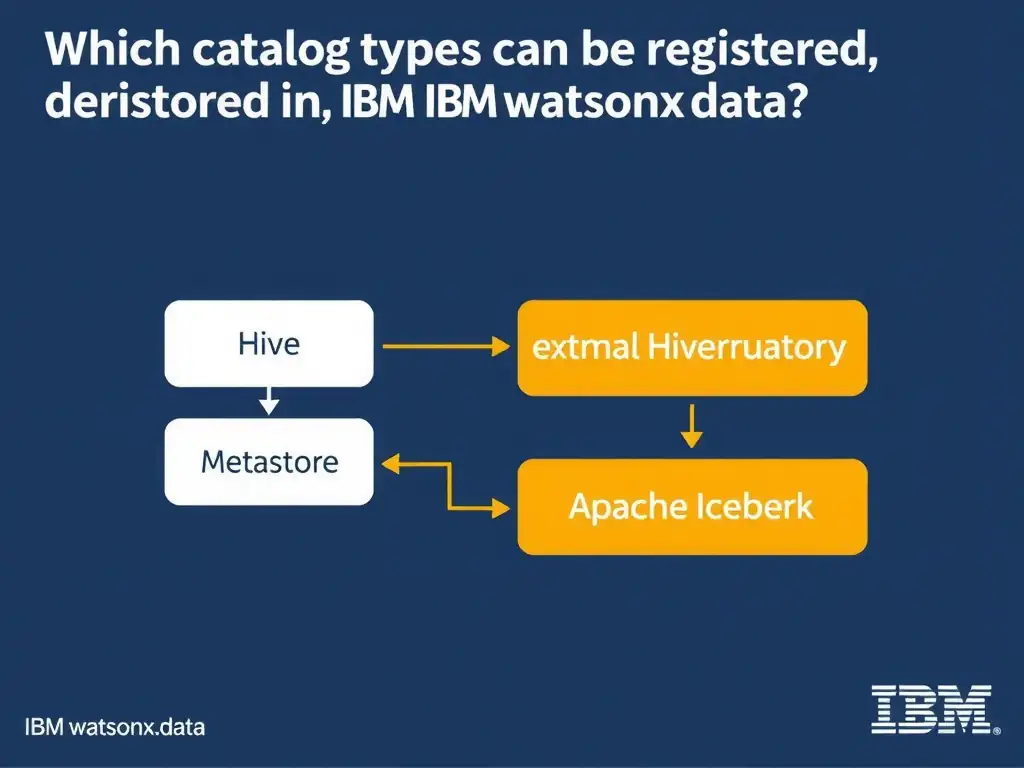Educational infographic for IBM watsonx.data certification showing 'Which catalog types can be registered in IBM watsonx.data'. Illustrate the concept of 'IBM Hive Metastore; external Hive Metastore; Apache Iceberg ' with a clean technical diagram, data flow arrows, and labeled components on a dark blue background with IBM styling.
