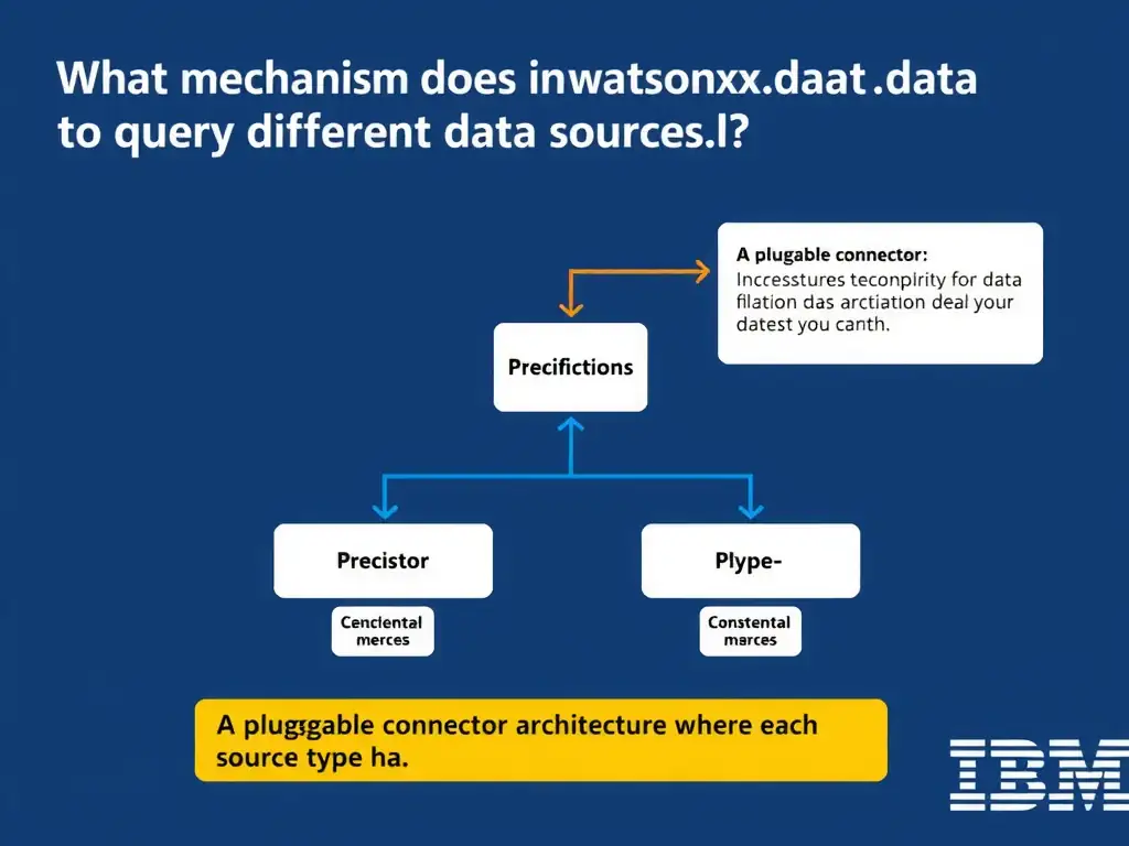 Educational infographic for IBM watsonx.data certification showing 'What mechanism does Presto use in watsonx.data to query different data sources l'. Illustrate the concept of 'A pluggable connector architecture where each source type ha' with a clean technical diagram, data flow arrows, and labeled components on a dark blue background with IBM styling.