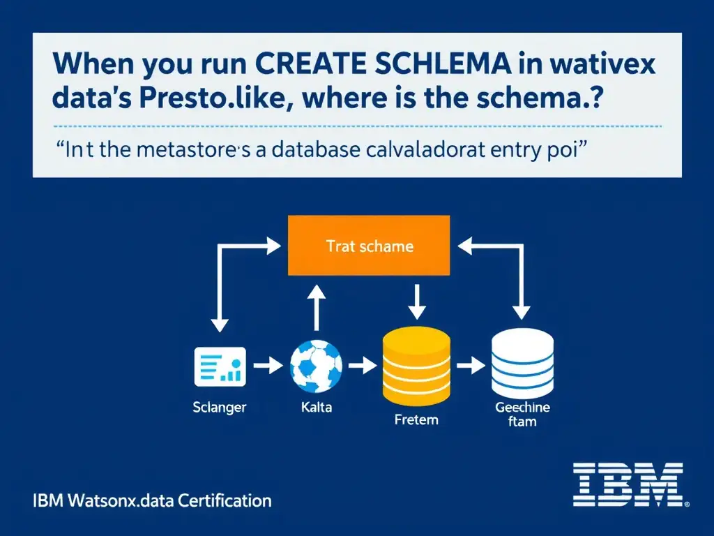 Educational infographic for IBM watsonx.data certification showing 'When you run CREATE SCHEMA in watsonx.data's Presto engine; where is the schema '. Illustrate the concept of 'In the Hive Metastore as a database-level metadata entry poi' with a clean technical diagram, data flow arrows, and labeled components on a dark blue background with IBM styling.