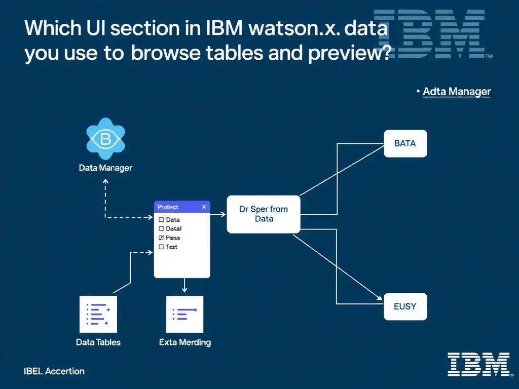 Educational infographic for IBM watsonx.data certification showing 'Which UI section in IBM watsonx.data would you use to browse tables and preview '. Illustrate the concept of 'Data Manager' with a clean technical diagram, data flow arrows, and labeled components on a dark blue background with IBM styling.
